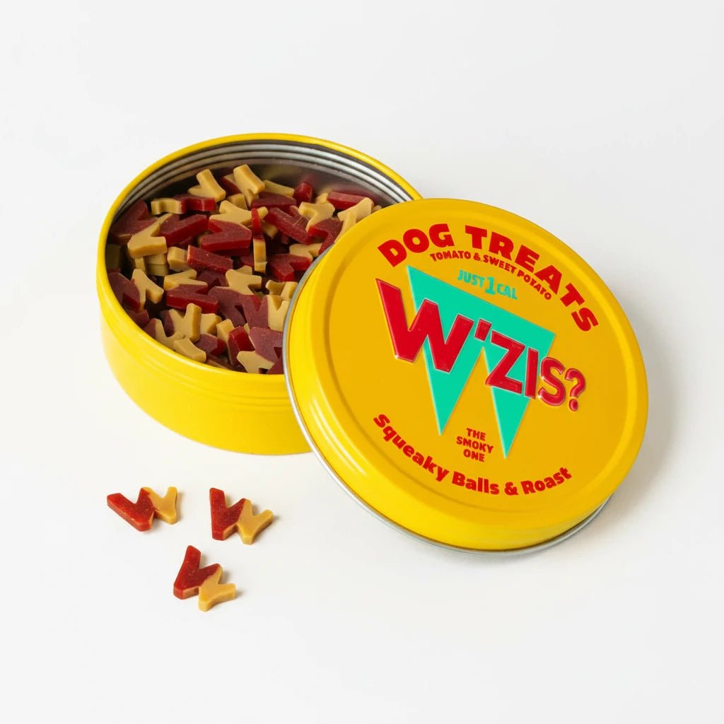 W’ZIS Squeaky Balls & Roast Dog Treat Tin | Natural Vegan Dog Training