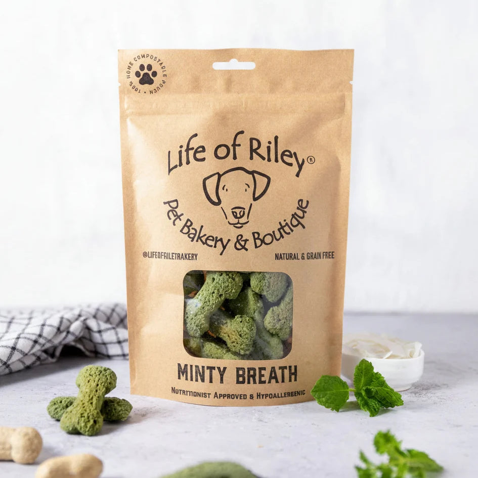Life of Riley Minty Breath Bones natural grain-free dog treats in a resealable pouch