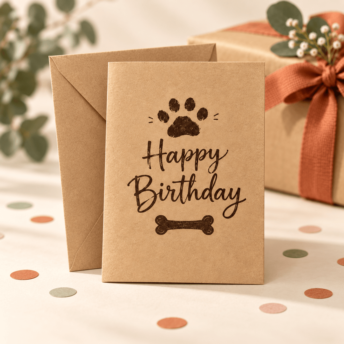 A brown kraft paper birthday card with a paw print and bone