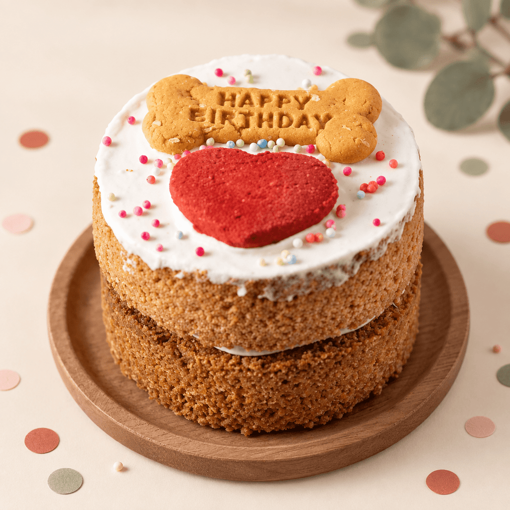 A two-layered cake with white frosting, decorated with a red heart-shaped cookie, a bone-shaped cookie