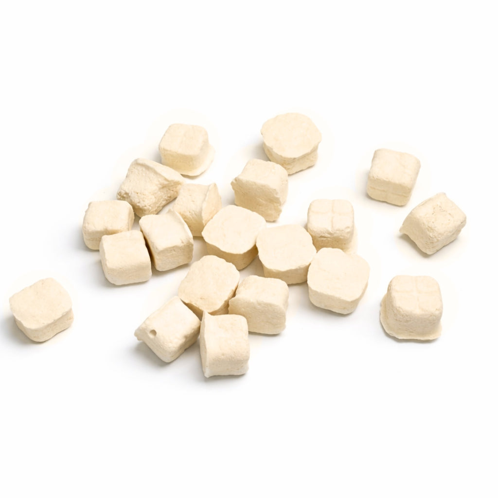 A pile of small, irregularly shaped yoghurt treats
