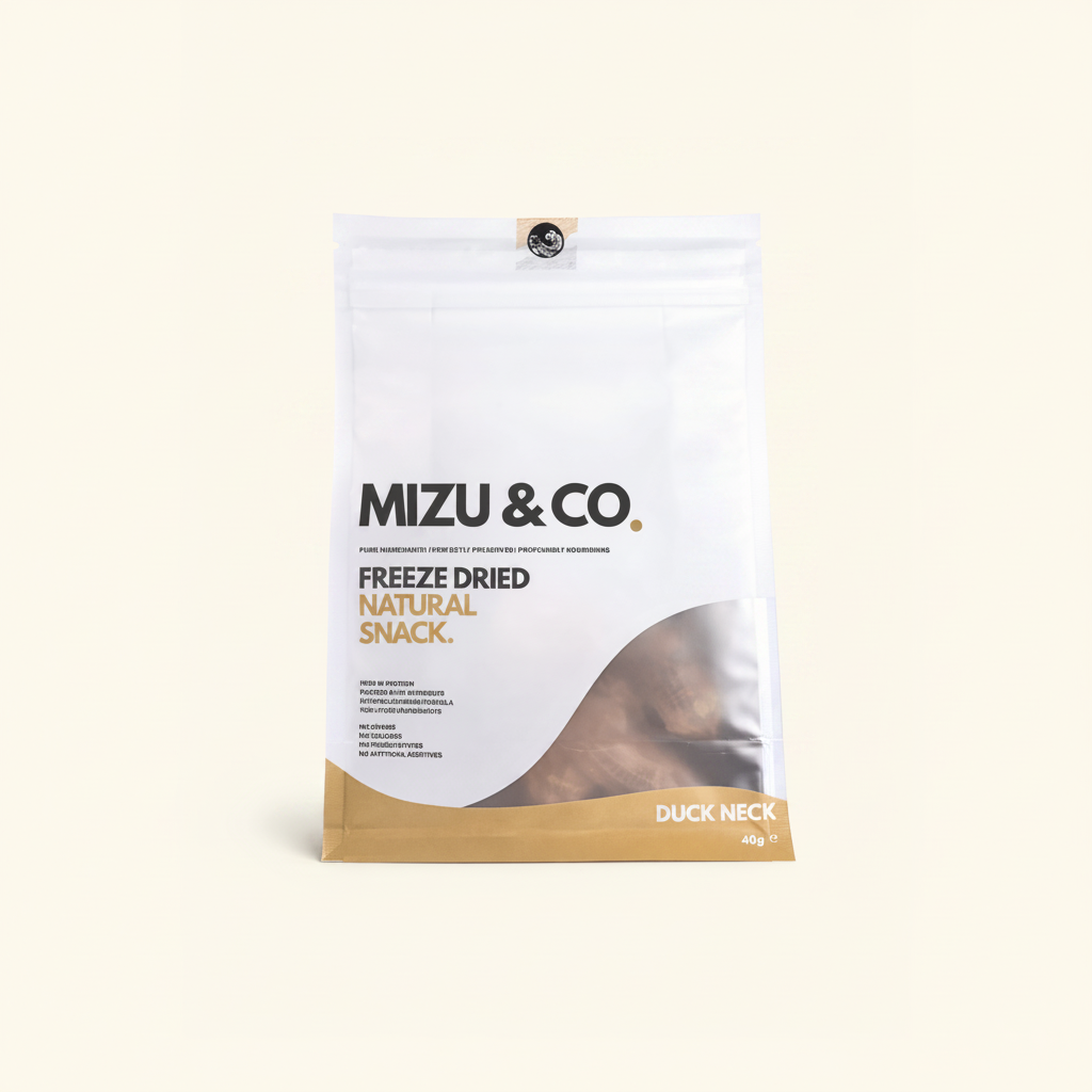 Mizu & Co. freeze-dried natural snack packaging on a white Mizu & Co Freeze-Dried Duck Neck for Dogs background