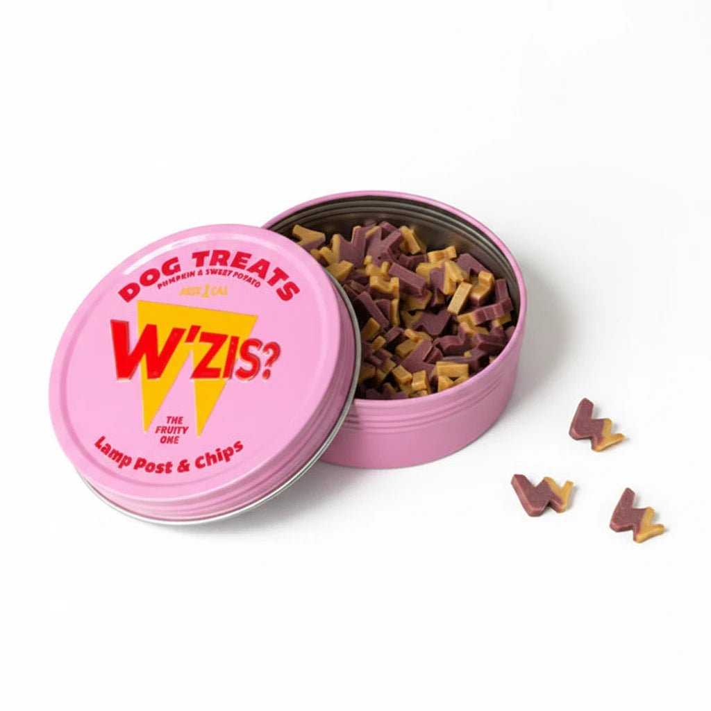 W’ZIS Lamp Post & Chips Dog Treat Tin | Natural Vegan Dog Training Treats